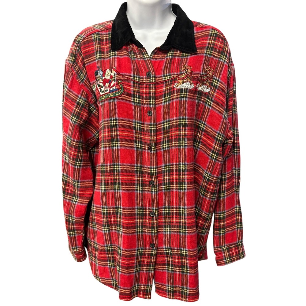 Vintage Quizz Again NY Christmas Santa Sleigh Reindeer Embroidered Plaid Shirt